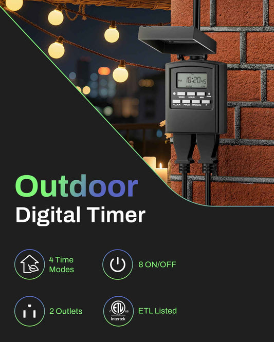 BN-LINK Outdoor Heavy Duty Timer Outlet, 2 Grounded Outlets for Christmas Lights, 15A 1/2HP, ETL Listed，Digital Timer 1 Pack 🍁 All In One Marketplace Canada