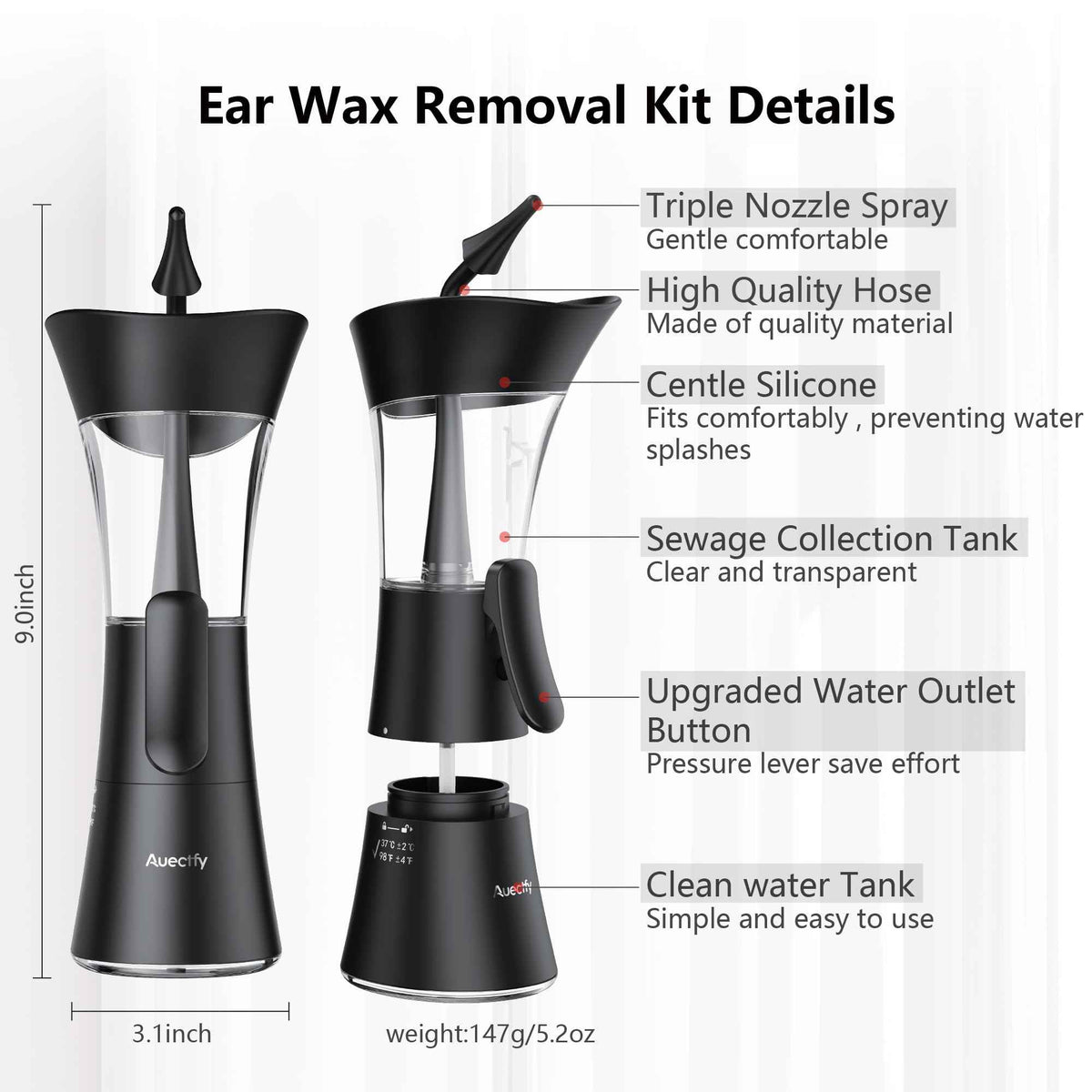 Manual Ear Wax Removal Kit - One-Hand Control Ear Cleaner Tool, Easy to Use Ear Irrigation Flushing System with Soft Silicone Tip for Effective & Safe to Clean Ear Built Up Wax Home Use(Black) 🍁 All In One Marketplace Canada