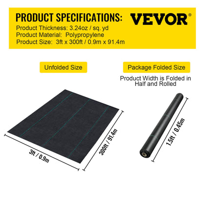 VEVOR 3FTx300FT Premium Weed Barrier Fabric Heavy Duty 3OZ, Woven Weed Control Fabric, High Permeability Good for Flower Bed, Geotextile Fabric for Underlayment, Polyethylene Ground Cover 🍁 All In One Marketplace Canada