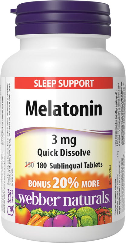Webber Naturals Melatonin 3 mg, 180 Quick Dissolve Tablets, For Sleep Support 🍁 All In One Marketplace Canada