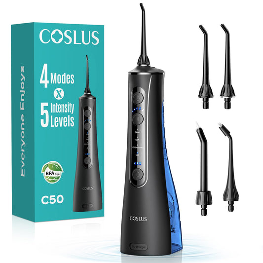 COSLUS C50 Water Flosser for Teeth: 4 Modes & 5 Intensities Water Dental Pick with MDL Accepted for Orthodontic, Braces & Gums Care - Portable for Travel, 4 Tips for Family Use, BPA-Free, Black 🍁 All In One Marketplace Canada