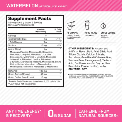 Optimum Nutrition Amino Energy Powder: Pre- workout & Anytime energy with Green tea, Green coffee extract + BCAA's - Watermelon: 30 servings [270g] (packaging may vary) 🍁 All In One Marketplace Canada
