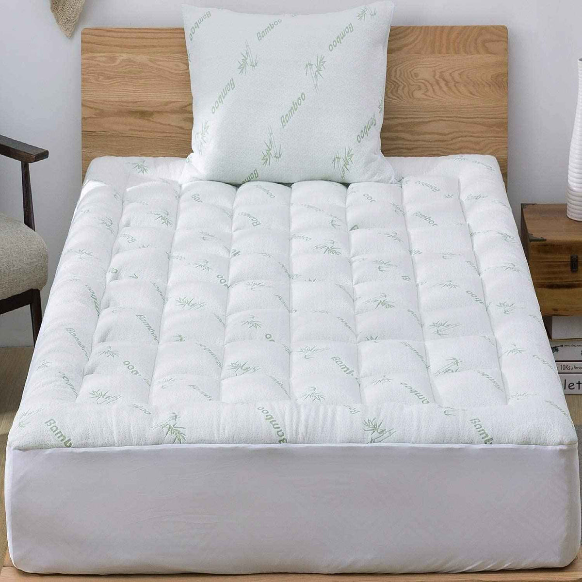 Bamboo Mattress Topper Double/Full Size - Thick Cooling Breathable Pillow Top Mattress Pad for Back Pain Relief - Deep Pocket Topper Fits 8-20 Inches (54x75 Inches, Green) 🍁 All In One Marketplace Canada