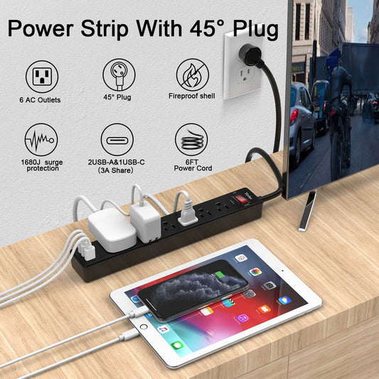 6Ft Power Bar Extension Cord - Yintar Power Strip Surge Protector with 6 AC Outlets and 3 USB Ports(1 USB C), 6 Feet Extension Cord, 1680 Joules, ETL Listed, (Black) 🍁 All In One Marketplace Canada