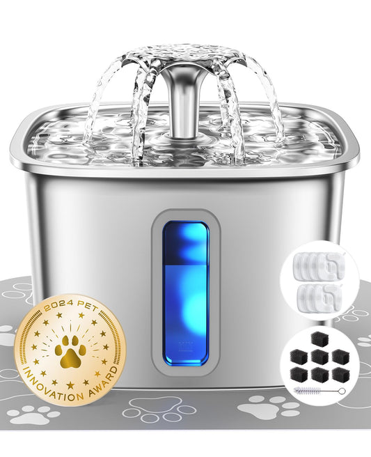 Veken Innovation Award Winner Stainless Steel Cat Water Fountain, 108oz/3.2L Pet Fountain with 7 Replacement Filters & 7 Pre-Filter Sponges & Silicone Mat, for Cats, Dogs (Silver) 🍁 All In One Marketplace Canada
