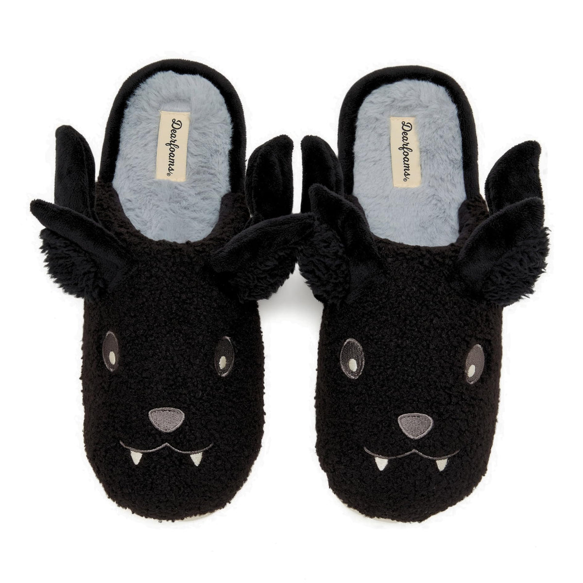 Dearfoams Unisex-Adult Spooky Fuzzy Halloween Pumpkin Jack O Lantern Slipper, Black Bat, 5-6 Women/3-4 Men