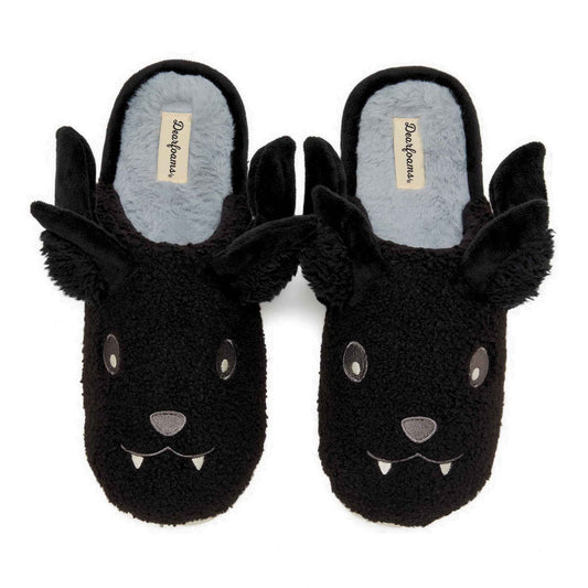 Dearfoams Unisex-Adult Spooky Fuzzy Halloween Pumpkin Jack O Lantern Slipper, Black Bat, 13-14 Women/11-12 Men