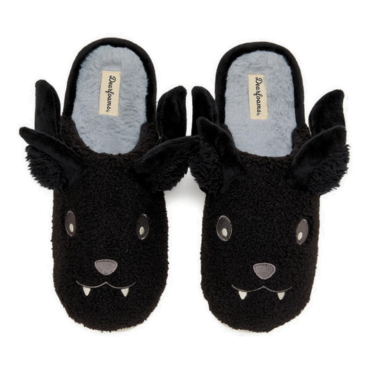 Dearfoams Unisex-Adult Spooky Fuzzy Halloween Pumpkin Jack O Lantern Slipper, Black Bat, 11-12 Women/9-10 Men