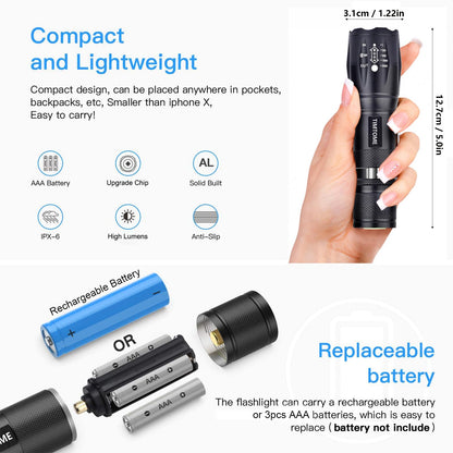 LED Flashlight, Ultra Bright XML T6 Handheld Flashlights - High Lumen, Zoomable, 5 Modes, Water-Resistant - Perfect for Camping Biking Home Emergency or Gift-Giving（2 Pack） 🍁 All In One Marketplace Canada