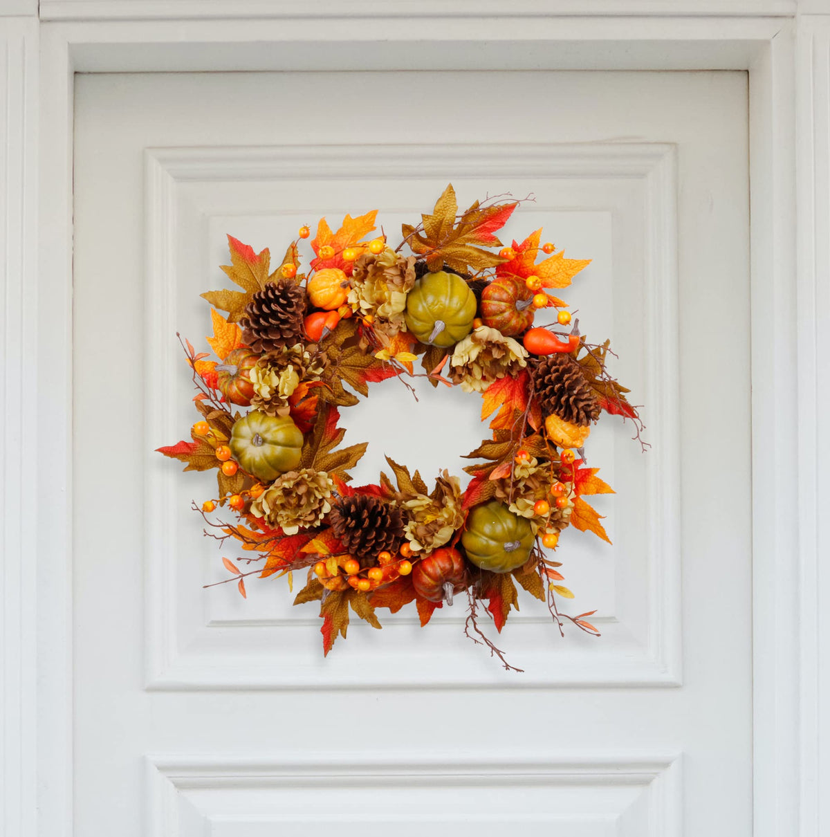 SOFTFLAME 20" Fall Wreath for Front Door, Autumn Artificial Wreath with Pumpkin, Pine Cone, Maple Leaves, Berries, Gift Ideal for Halloween Thanksgiving Home Decoration