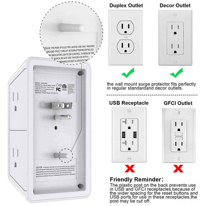 3-Sided Power Bars with Surge Protector, POWRUI 6-Outlet Extender with 3 USB Ports (1 USB C) and Night Light, Multi Plug Outlet and Spaced Outlets Adapter, ETL, White 🍁 All In One Marketplace Canada