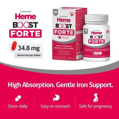 Hemeboost Forte 696 mg Heme Iron Supplements Polypeptide, (34.8 mg Elemental Iron), Prevents Iron Deficiency & Anemia, Better Absorption, Well-Tolerated Formula, Safe for Pregnancy, 30 Tablets 🍁 All In One Marketplace Canada