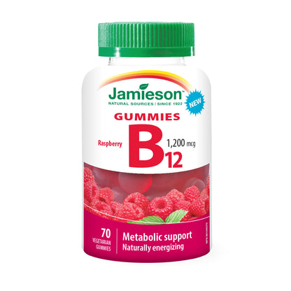 Jamieson Vitamin B12 1,200 mcg Gummies Natural Raspberry Flavour, Naturally Energizing, and Supports Metabolism. Vegetarian, Non-GMO, Gluten-Free, No Artificial Flavours, Colours, or Preservatives, 70 Count, Proudly Canadian