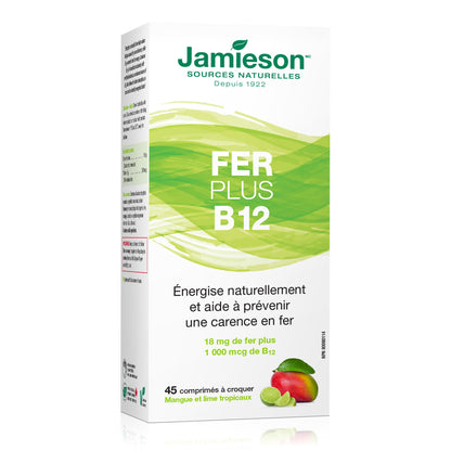 Jamieson Chewable Iron 18 mg Plus Vitamin B12 1,000 mcg Tropical Mango Lime Flavour, Helps Prevent Iron Deficiency, and Supports Natural Energy. Vegetarian, Gluten-Free, No Artificial Colours, Flavours, or Preservatives, 45 Chewable Tablets