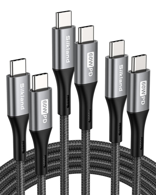Silkland USB C to USB C Cable 60W 3 Pack [6.6ft+3.3ft+1.6ft], PD QC 3.0, Type C Fast Charger USBC Cord Compatible for iPhone 17, Samsung S24/S23 Ultra, iPad Pro Air Mini, MacBook, Pixel 🍁 All In One Marketplace Canada