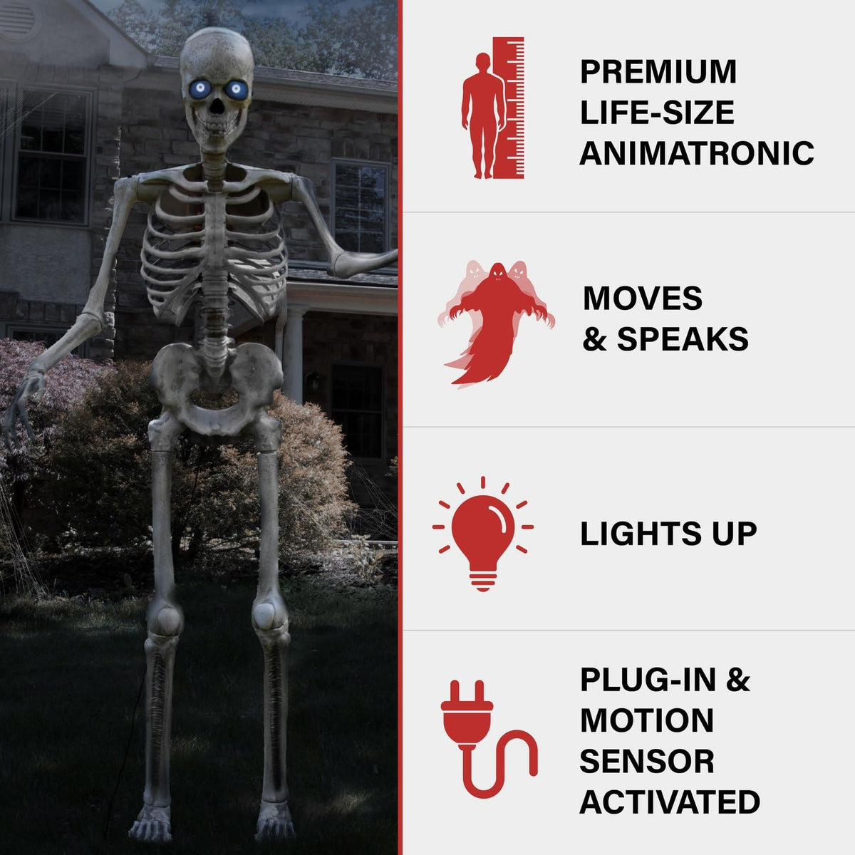 Haunted Hill Farm 8-Ft. Tall Bones McNeely The Towering Skeleton by SVI, Plug-in Motion-Activated Talking Scare Prop Animatronic for Indoor or Covered Outdoor Creepy Halloween Decoration
