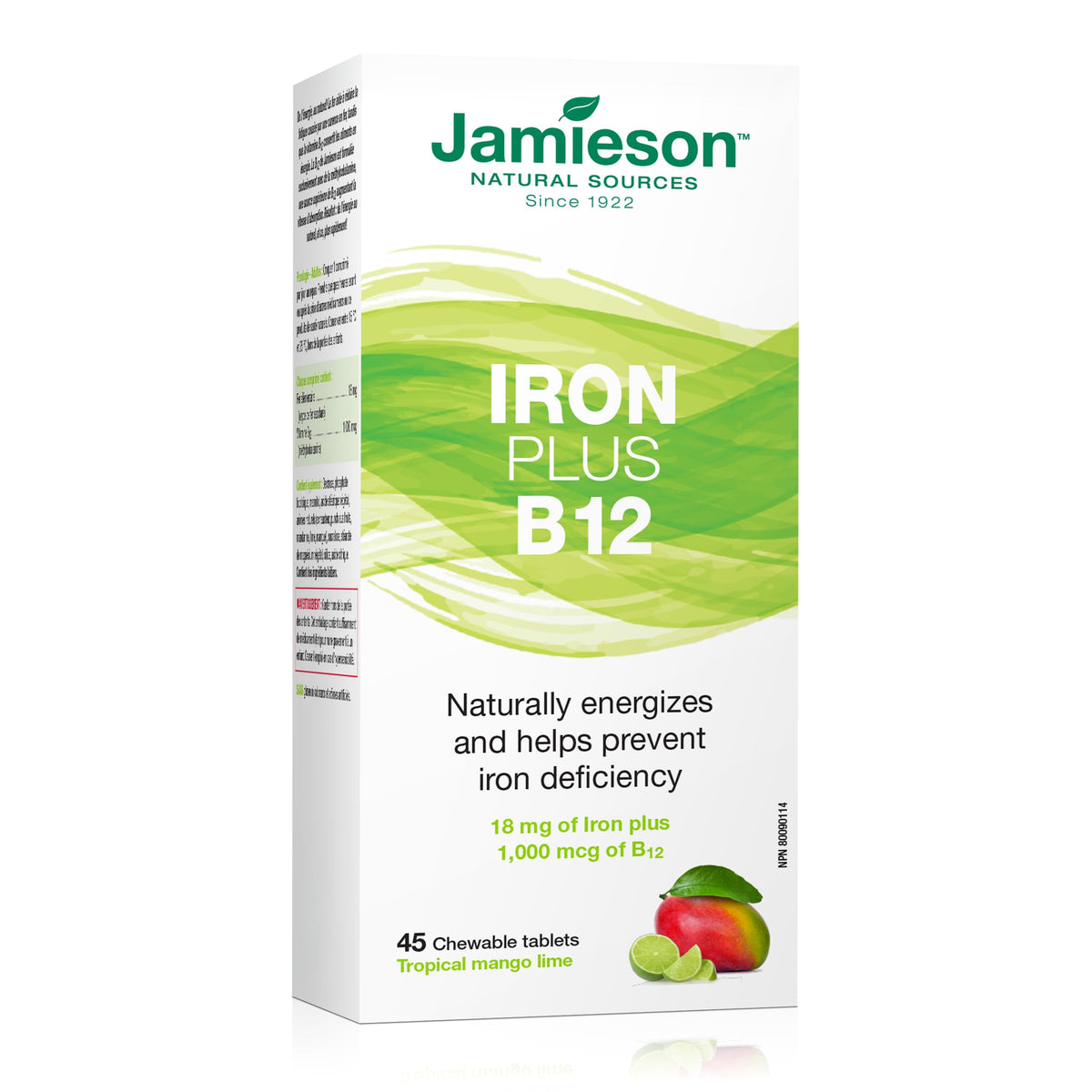 Jamieson Chewable Iron 18 mg Plus Vitamin B12 1,000 mcg Tropical Mango Lime Flavour, Helps Prevent Iron Deficiency, and Supports Natural Energy. Vegetarian, Gluten-Free, No Artificial Colours, Flavours, or Preservatives, 45 Chewable Tablets