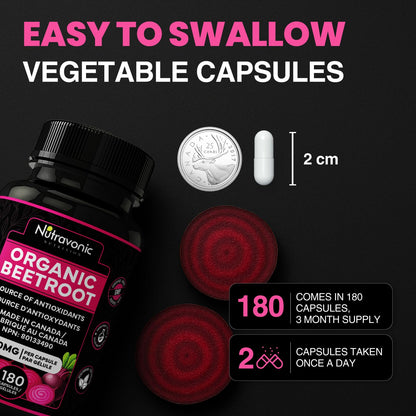 *BONUS SIZE* 180 Capsules of High Potency Organic Beetroot Capsules | 1,400mg per serving (700mg per capsule x2) Canadian Made Beet Root Powder | Antioxidant Support | Support Active Energy Lifestyle | A Natural Super Food | Quality Assured