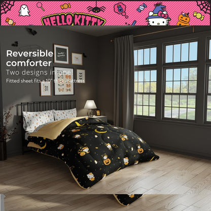 Sanrio Hello Kitty Halloween Pumpkin Twin Bed Set – Super Soft & Cozy 4 Piece Reversible Comforter and Sheet Set (Officially Licensed Product) by Franco