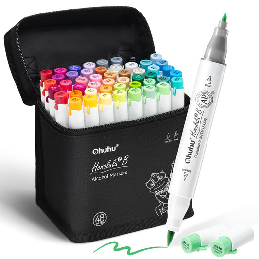 Ohuhu Alcohol Markers 48 Colors: Brush & Fine Dual Tips Alcohol-based Art Markers for Adults Artists Cozy Coloring Illustration Drawing Sketching- Honolulu 2B- AP Certified Refillable Ink 🍁 All In One Marketplace Canada