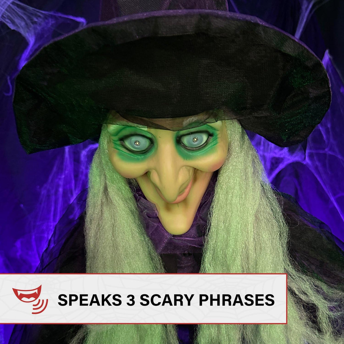Haunted Hill Farm Life-Size Scary Talking Witch with Broomstick, Halloween Animatronic with Touch Activated Lights and Sound, Battery Operated Indoor or Covered Outdoor Halloween Decorations