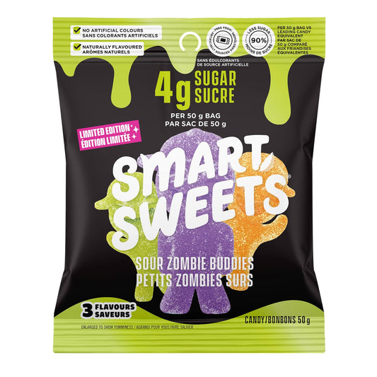 SmartSweets Sour Zombie Buddies Low Sugar Gummy Candy, Healthy Snacks for Kids and Adults, Halloween Treat, 50g bags, Pack of 14