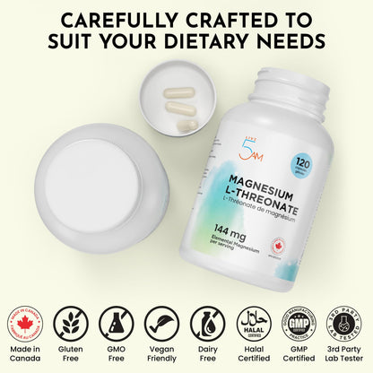 Live 5AM Magnesium L-Threonate | 144 mg Elemental Magnesium per 3 Capsules, Helps in Energy Metabolism, Bone and Teeth Maintenance, Muscle Function and Electrolyte Balance, 120 Vegan Capsules, Made in Canada 🍁 All In One Marketplace Canada