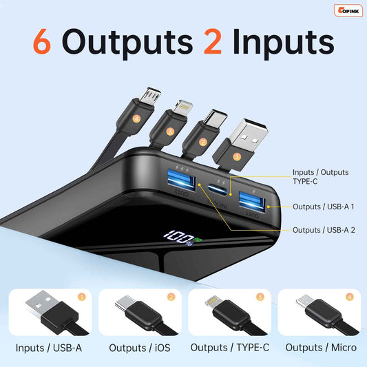 Portable Charger with Built in Cables, 50000mAh Power Bank Fast Charging 6 Outputs 2 Inputs with LED Display External Battery Pack Compatible with Cellphones Tablets AirPods etc 🍁 All In One Marketplace Canada