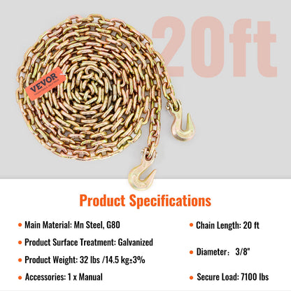 VEVOR Transport Binder Chain, 7100 lbs Working Load Limit, 3/8'' x 20' G80 Tow Chain Tie Down with Grab Hooks, DOT Certified, Galvanized Coating Manganese Steel for Dock Factory Construction Site 🍁 All In One Marketplace Canada