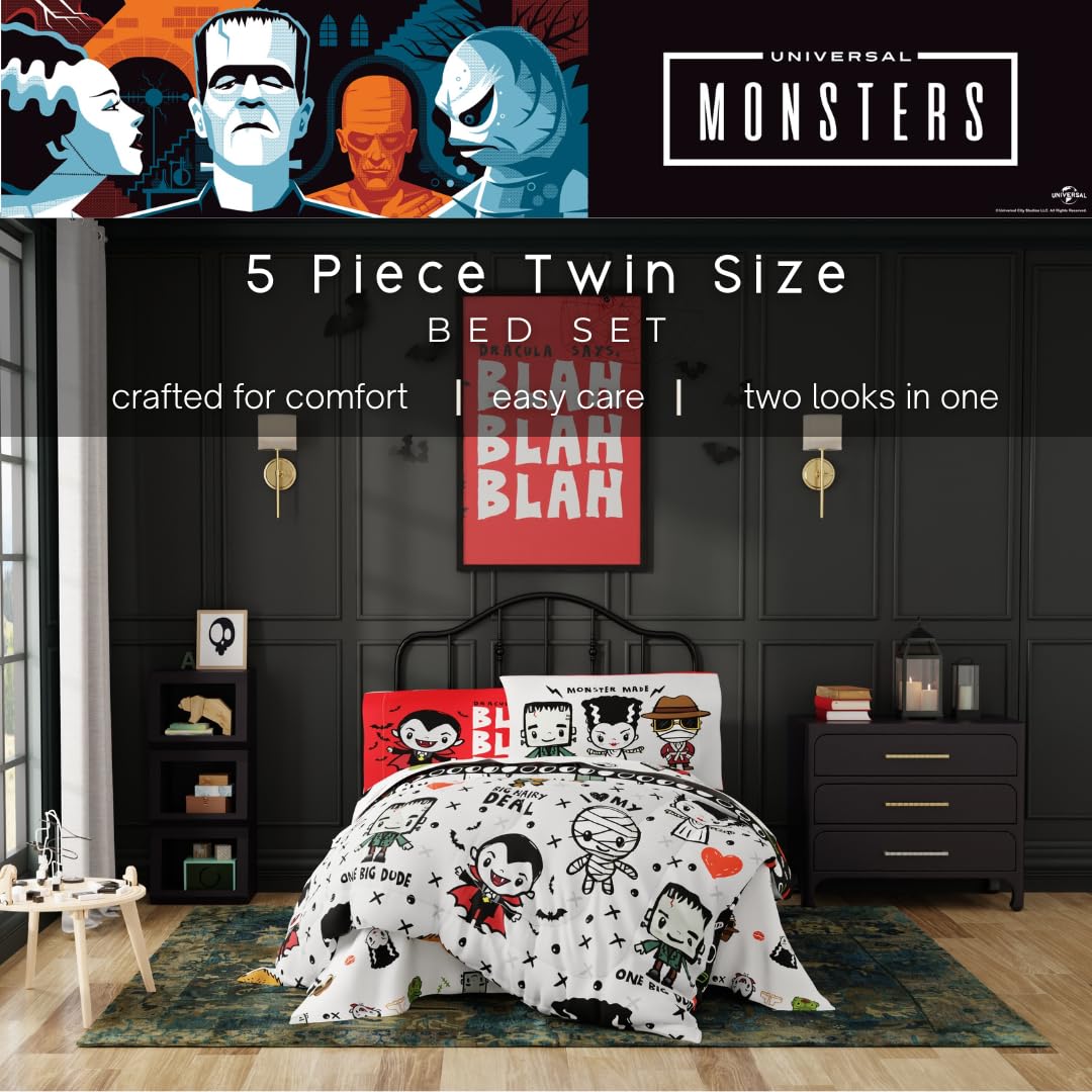 Universal Little Monsters Halloween 5 Piece Twin Bedding Set - Super Soft Cozy Reversible Comforter and Sheet Set with Sham, (Officially Licensed Product) by Franco