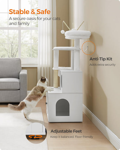 Feandrea WoodyWonders Cat Tree with Litter Box Furniture Hidden Enclosure, 2-in-1 Modern Tower, Cat Condo with Scratching Posts, Removable Pompom Sticks, Cloud White UPCT113W01 🍁 All In One Marketplace Canada