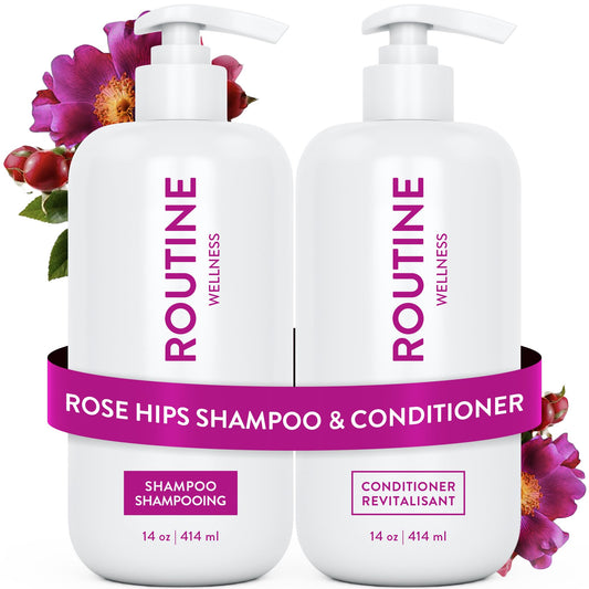 Routine Wellness Anti-Thinning Shampoo and Conditioner Set for Thinning Hair - Biotin, Peptides for Women & Men - Color Safe Shampoo for Hair Loss & Healthier Hair - Rose Hips Set 🍁 All In One Marketplace Canada