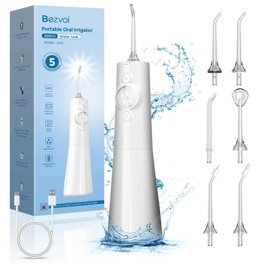 Bezvoi Water Flosser for Teeth, 300ML Tank & LED Display 5 Modes Oral Irrigator with 6 Jet Tips, 2000mAh Rechargeable Cordless Water Floss, IPX7 Waterproof Water Tooth Flossing for Home Travel, White 🍁 All In One Marketplace Canada