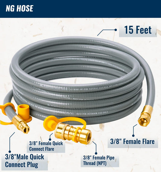 CALPOSE 15 Feet 3/8 inch ID Natural Gas Grill Hose with Quick Connect Fittings, Natural Gas Line for Grill, Pizza Oven, Heater and More Low Pressure Appliance 🍁 All In One Marketplace Canada
