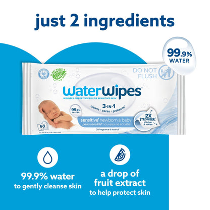 WaterWipes Sensitive+ Newborn & Baby Wipes, 3-In-1 Cleans, Cares, Protects, 99.9% Water, Unscented & Hypoallergenic, 300 Count (5 Packs) 🍁 All In One Marketplace Canada