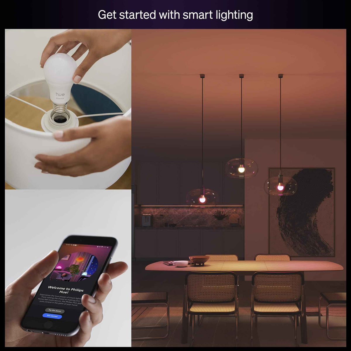 Philips Hue Essential Smart LED A19 Bulb, White and Color Ambiance, E26 Base, 8.8W, 2200K-6500K, 800 Lumens, Dimmable, Works with Alexa, Google Assistant, and Apple Home, 3 Pack 🍁 All In One Marketplace Canada