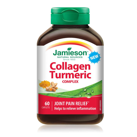 Jamieson Collagen Turmeric Complex, with 600 mg Collagen, Anti-inflammatory, Provides Joint Pain Relief and Digestive Support. Gluten-Free, No Artificial Colours, Flavours, or Preservatives, 60 Caplets, Proudly Canadian 🍁 All In One Marketplace Canada