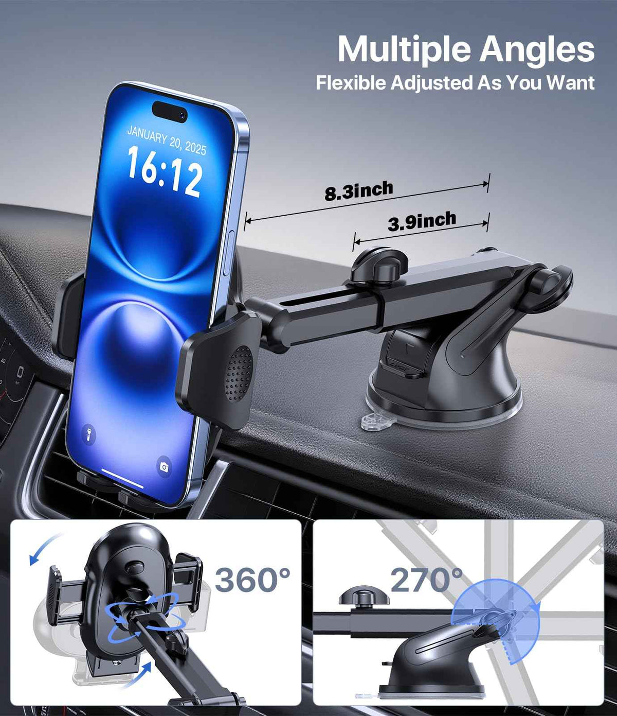 Miracase [2026 Upgraded Strong Military Grade Suction Cup] Car Phone Holder for Cars Dashboard Windscreen Air Vent Desk, 4 in 1 Mobile Phone Mount Automobile Cradle Stand for All Smartphones 🍁 All In One Marketplace Canada