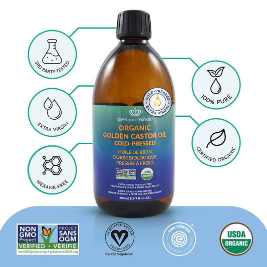 Queen of the Thrones Organic Golden Castor Oil - Pure Cold-Pressed Castor Oil for Self-Care - Multipurpose Clean Beauty Product for Hair, Nails & Skin - Silicone Precision Pump - 16.9 fl oz 🍁 All In One Marketplace Canada