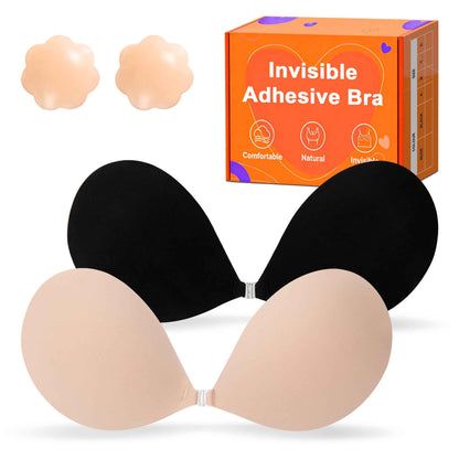GKHWON Adhesive Bra Strapless Backless Invisible Push Up Sticky Bra with Silicone Nipple Covers Reusable Beige+Black A 🍁 All In One Marketplace Canada