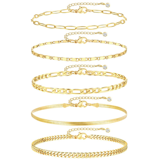 Gold Ankle Bracelets for Women, 14k Gold Plated Waterproof Cuban Link Chain Anklets Set, Layered Anklet Bracelets for Women Beach Gift Adjustable Size 5pc (GOLD-1) 🍁 All In One Marketplace Canada