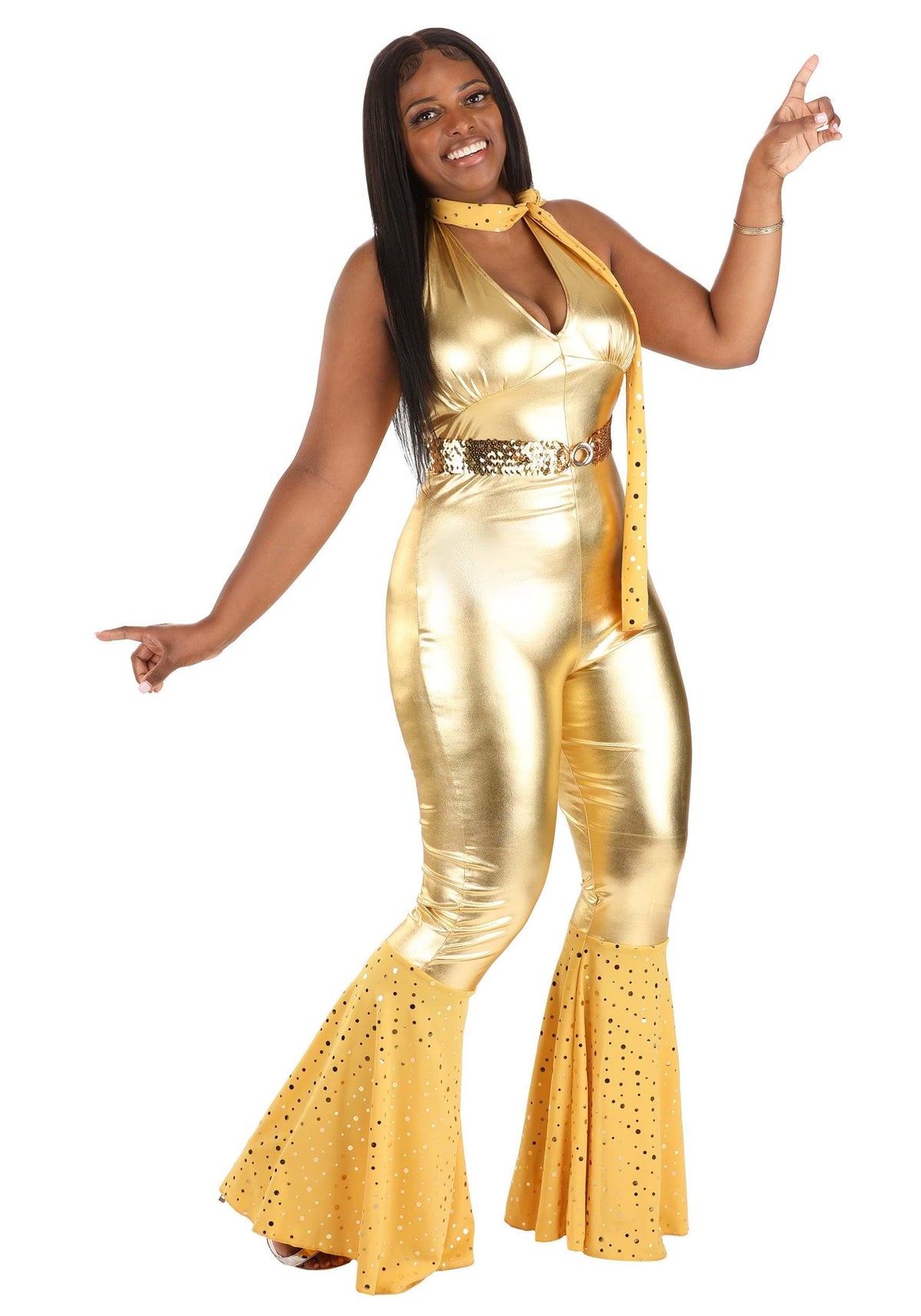 Dreamgirl Womens 70s Disco Costume, Adult Retro Gold Jumpsuit, Disco Fox Halloween Costume Small