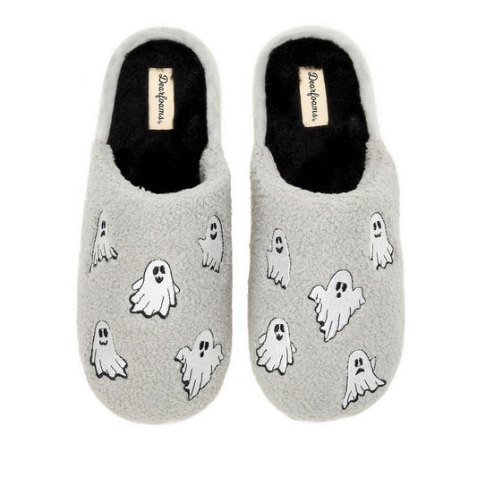Dearfoams Unisex-Adult Spooky Fuzzy Halloween Pumpkin Jack O Lantern Slipper, Grey Ghost, 7-8 Women/5-6 Men
