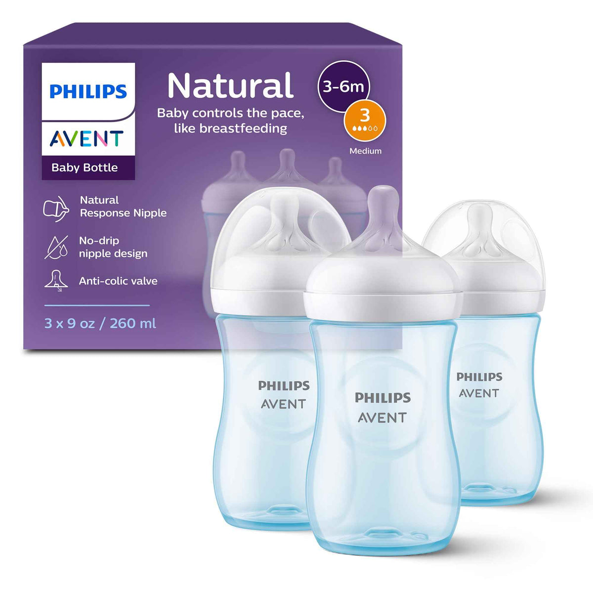 Philips Avent Natural Baby Bottles with Natural Response Nipples (Medium Flow, Flow 3), 9oz, Blue, 3-pack, SCY903/23 🍁 All In One Marketplace Canada
