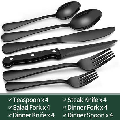 24-Piece Black Silverware Set with Steak Knives, Black Flatware Set for 4, Food-Grade Stainless Steel Tableware Cutlery Set, Mirror Finished Utensil Sets for Home Restaurant 🍁 All In One Marketplace Canada