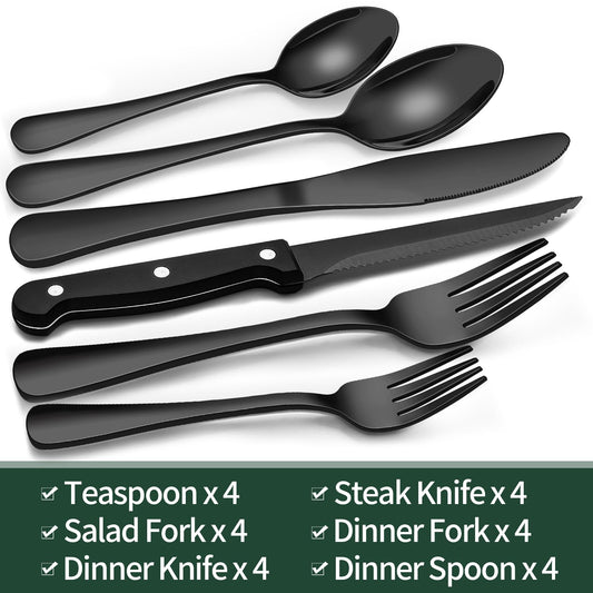 24-Piece Black Silverware Set with Steak Knives, Black Flatware Set for 4, Food-Grade Stainless Steel Tableware Cutlery Set, Mirror Finished Utensil Sets for Home Restaurant 🍁 All In One Marketplace Canada