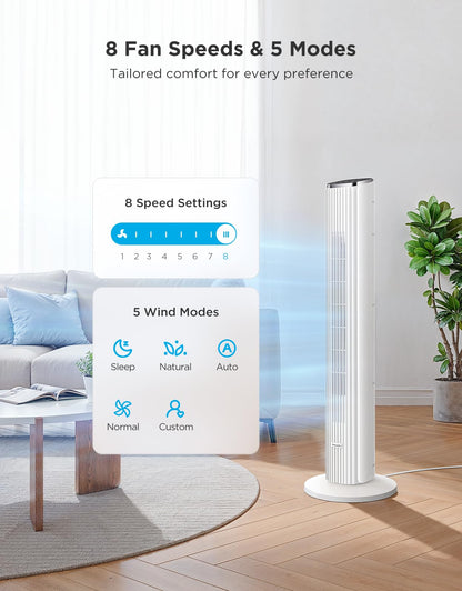 GoveeLife White Tower Fan for Bedroom, 36" Smart Floor Fan with App/Voice Control, Temperature Sensor, 5 Modes 8 Speeds(25ft/s), 29dB Quiet Oscillating Fan for Office, 24H Timer, Auto Cooling 🍁 All In One Marketplace Canada