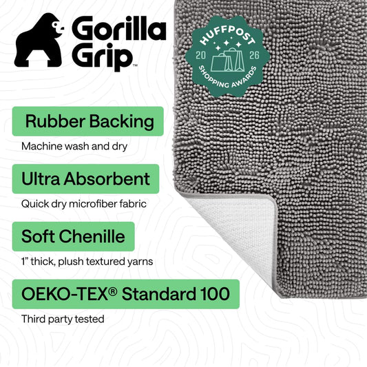 GORILLA GRIP Bath Mat, Thick Soft Absorbent Chenille Floor Mats, Rubber Backing Bathmat, Quick Dry Rug, Machine Washable Rugs for Shower and Tub Floors, Bathroom Accessories Decor, 61x43 cm, Grey 🍁 All In One Marketplace Canada