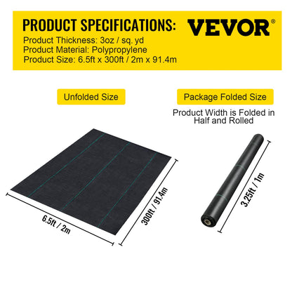VEVOR 6.5FTx300FT Premium Weed Barrier Fabric Heavy Duty 3OZ, Woven Weed Control Fabric, High Permeability Good for Flower Bed, Geotextile Fabric for Underlayment, Polyethylene Ground Cover 🍁 All In One Marketplace Canada