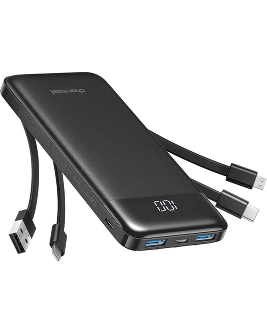Charmast Power Bank with Built in Cables, 10000mAh USB C Battery Pack 6 Outputs 2 Inputs with LED Display Type C Powerbank Portable Charger Compatible with Smartphones Tablets and More (Black) 🍁 All In One Marketplace Canada